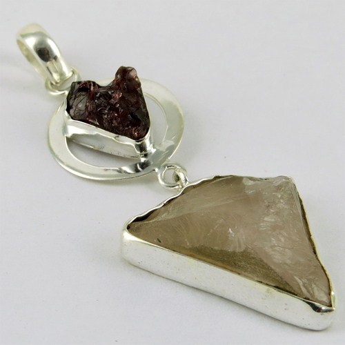 True Emotion !! Garnet, Rose Quartz 925 Sterling Silver Pendant