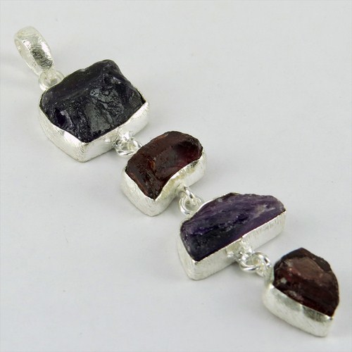 Rough Stone Silver Jewelry !! Amethyst, Garnet 925 Sterling Silver Pendant