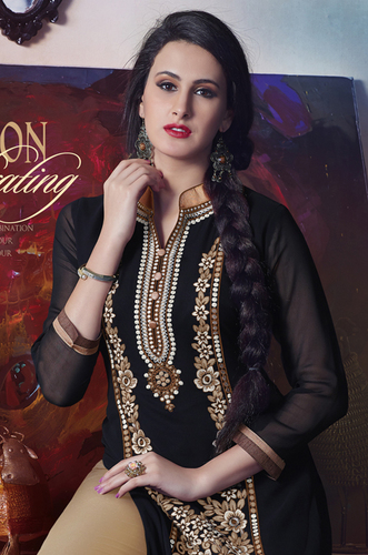 Georgette Kurti - Faux Georgette, L-XXL, Black | Resham Embroidery, Floral Motif, Full Sleeve, Faux Crepe Lining