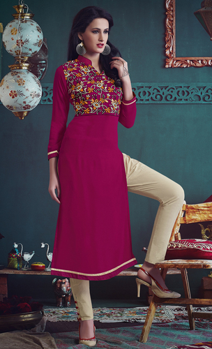 Casual Wear Kurta - Faux Georgette, L-XXL, Pink | Floral Embroidery, Boat Neck, Full Sleeve, Poly Shantoon Lining