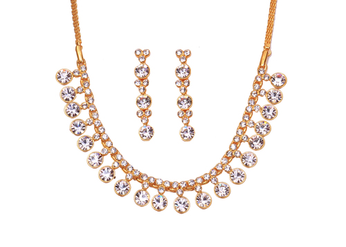Gold Plated Half Moon Jewelry Set - Metal Alloy, 16-18 Inch Necklace, 2 Inch Earrings | Sparkling Clear Stones, Elegant Design, Party Wear