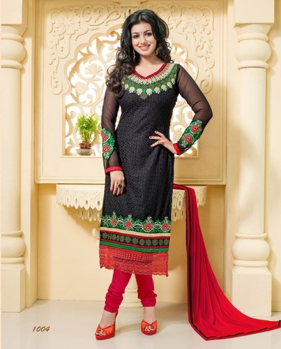 Designer Salwar Kameez - Georgette & Santoon Fabric, 2.3 Mtr Length Top & Bottom, Black & Red Colors, Full Sleeves, Embroidered Pattern, Suitable for All Seasons