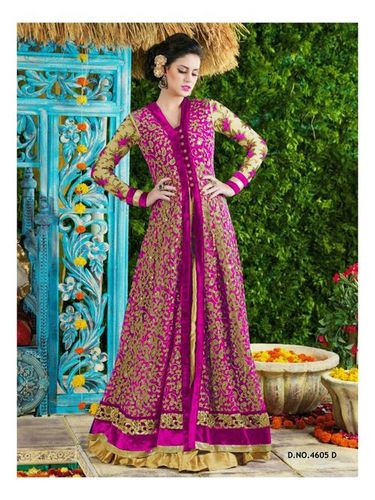Beautiful Party Wear Anarkali Suit - Net Top, Santoon Inner, Banglori Silk Bottom, Magenta, Nazneen Dupatta | Gold Embroidered, Elegant Design, Customizable Fit