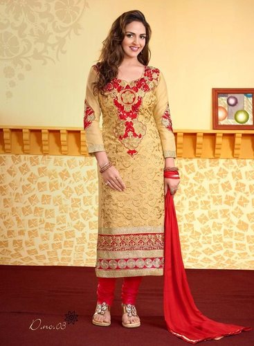 Cream And Red Party Wear Salwar Suit