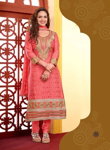 Salwar Kameez - Cotton Embroidered Material | Pink Ethnic Dress, Free Size, Short Sleeves, Ideal for All Seasons