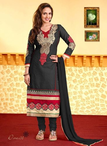 Women Dress Material - Cotton Embroidered Suit | Free Size, Black Color, Classic Design, Full Sleeves, Suitable for All Seasons