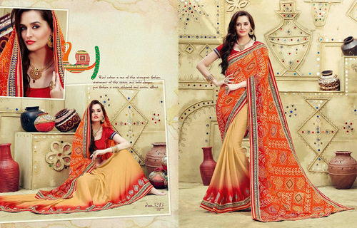 ऑरेंज शिफॉन जॉर्जेट साड़ी