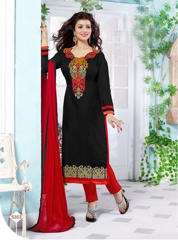 Black And Red Chanderi Dress Material
