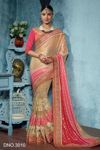 Cream Brasso On Net Designer Saree