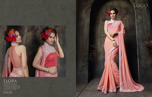 Peach Resham Work Fancy Fabric Designer Saree