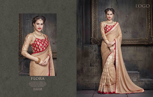 Brown and Beige Lace Work Half N Half Saree