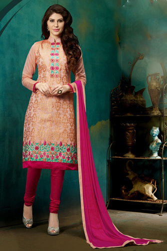 Brown And Pink Chanderi Dress Material
