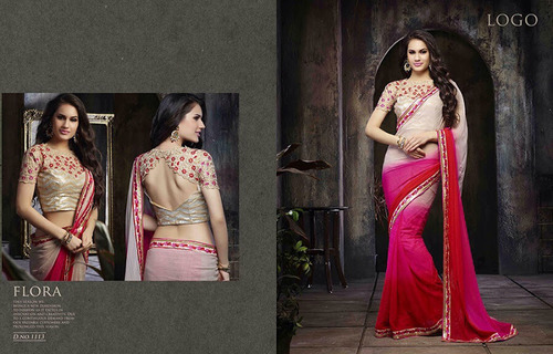 Hot Pink and Red Resham Work Fancy Fabric Designer Saree