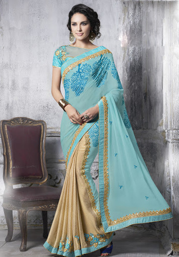 Turquoise Chiffon Saree - Elegant Resham Embroidery, Strips Print, Patch Border, Lehenga Style