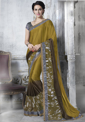 Olive Silk Georgette Saree - 5.5 Meters, Custom Sizes | Resham, Lace, Diamond, Sequins Work, Elegant Wedding Wear