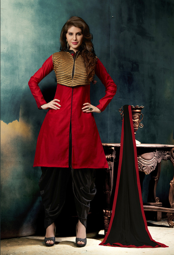 Brown And Red Chanderi Dress Material