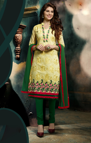 Yellow And Green Chanderi Dress Material