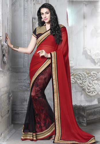 Red Georgette On Net Saree
