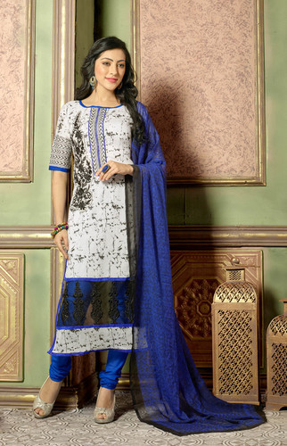 White And Blue Embroidered Dress Material