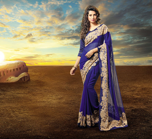 Blue Pure Chiffon Saree