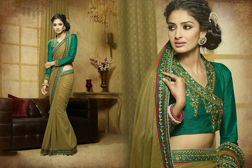 Viscose Green Lace Work Designer Saree