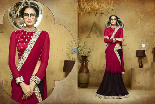 Viscose Red Resham Work Lehenga Saree
