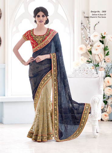 Net Blue Designer Saree - Blue Net, 5.5 Meters | Embroidered Patch Border, Matching Blouse, Party Wear