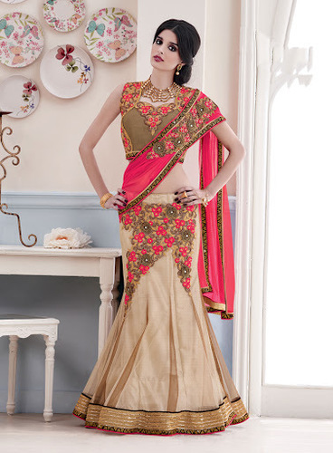 Net Beige and Hot Pink Patch Border Work Lehenga Saree