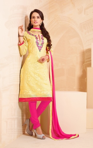 Light Yellow And Pink Embroidered Dress Material