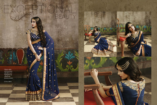 Navy Blue Georgette Saree - 5.5 Meter, Navy Blue, Georgette | Resham Work, Patch Border, Diamond Embroidery, Custom Sizes