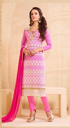 Embroidered Women Dress Material - Chanderi & Santoon Fabric, Light Pink with Pink Dupatta, Free Size for All Seasons, Short Sleeve Design