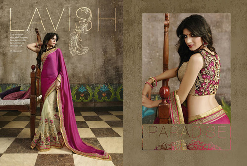 Purple Georgette On Net Saree - 5.5 Meters, Purple, Georgette Net | Resham Embroidery, Patch Border, Wedding Party Wear