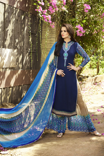 Pakistani Style Dress Materials - Georgette Blue Beige With Chiffon Dupatta, Fancy Embroidery, Patch Border, Elegant Palazzo Design
