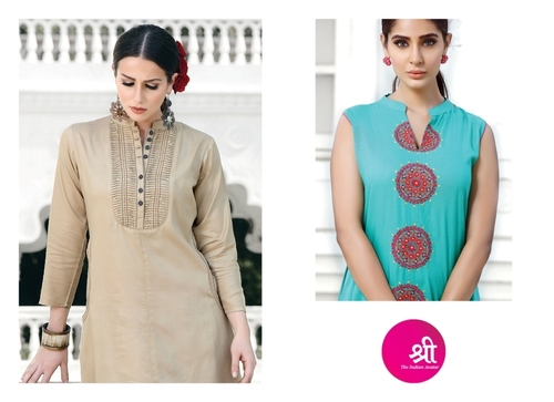 Long Sleeve Kurtis - Cotton Blend, 45 Inches, Beige | Elegant Design, Comfortable Fabric, Mandarin Collar