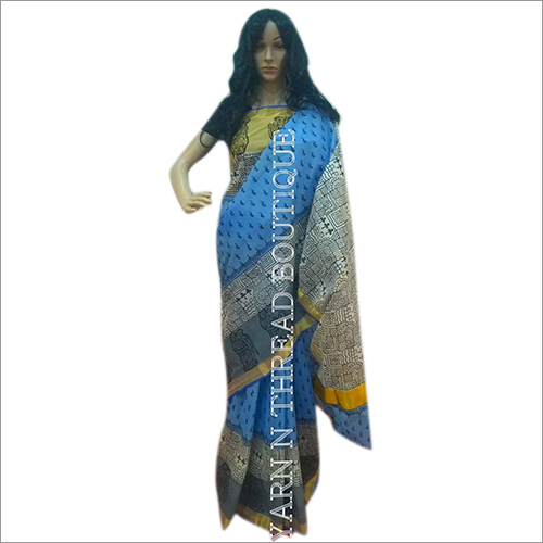 Printed Kerala Cotton Sarees - 5.5m Blue Cotton, Plain Weave | Soft, Lightweight, Bold Prints, Cultural Design