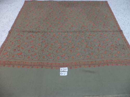 Pashmina Shawl - 40 x 80 Inch, Grey Color | 100% Fine Woolen Hand Made Shawls with Embroidered Patterns and Fringe Closure