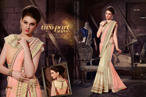Peach Chiffon Saree - Soft Chiffon, 5.5 Meters, Peach | Resham Work, Patch Border, Diamond Embroidery, Wedding & Party Wear