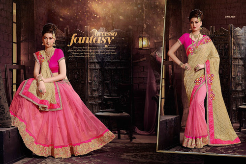 Cream Designer Net Saree