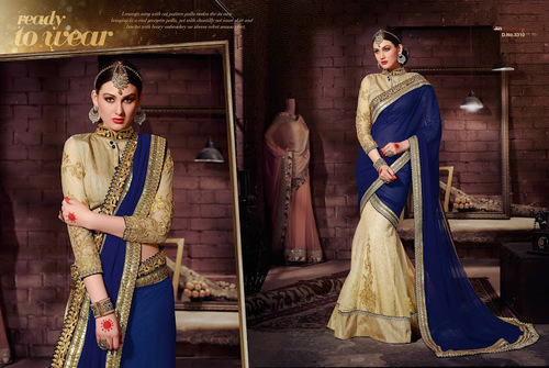 Blue Georgette On Net Designer Lehenga Saree