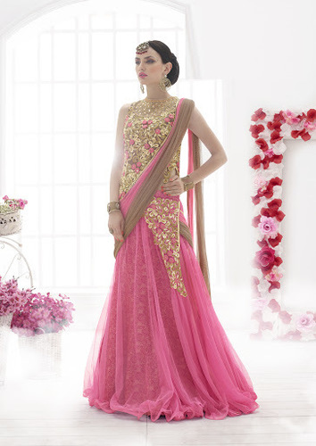 Pink Net Lehenga Style Saree - Net Fabric Customizable 44 Inch Choli Pink | Resham Zari Diamond Embroidery Floor Length