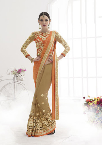 Orange Lycra Net Saree