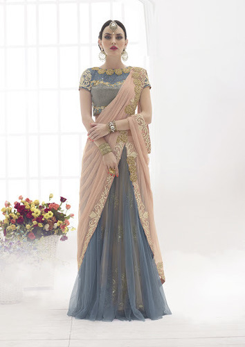 Water Peach Power Net Lehenga Saree