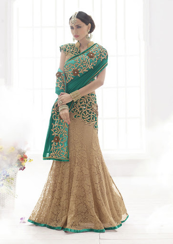 Brown Shaded Chiffon On Fancy Net Lehenga Saree