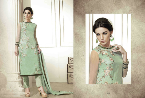 Green Embroidered Work Net Designer Suit