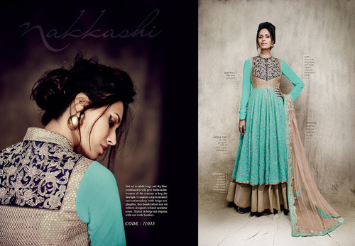 Embroidered Work Turquoise Anarkali Salwar Suit - Georgette Fabric, Matching Dupatta, Elegant Design