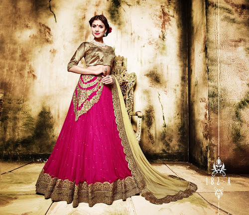 Magenta Georgette Lehenga Choli - Waist 38", Hip 44", Length 42", Customizable Choli | Resham, Zari, Patch Border, Booty Embroidery