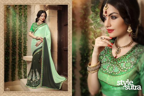 Fancy Designer Sarees - Chiffon, 5.5 Meters, Green | Embroidery, Elegant Design, Smooth Finish, Stylish Look, Perfect Fit