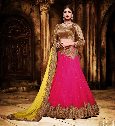 Hot Pink Net Lehenga Choli - Waist 38", Hip 44", Length 42", Customizable Choli up to 44" | Resham, Patch Border, Embroidery, Booti, Diamond Work