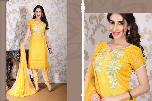 Yellow Chanderi Silk Churidar Suit