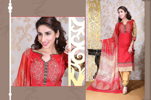 Red Chanderi Silk Churidar Suit